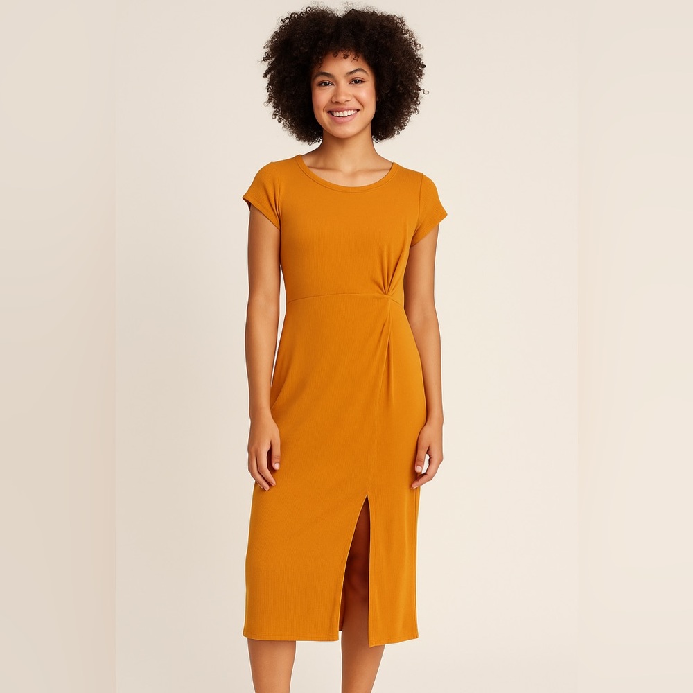Liz Claiborne Golden Mustard Twist-Front Midi Dress | Petite S | Worn Once